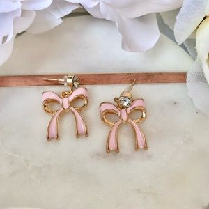 Rhinestone OR Pearl Stud Pink Bow Dangly Earrings NWT